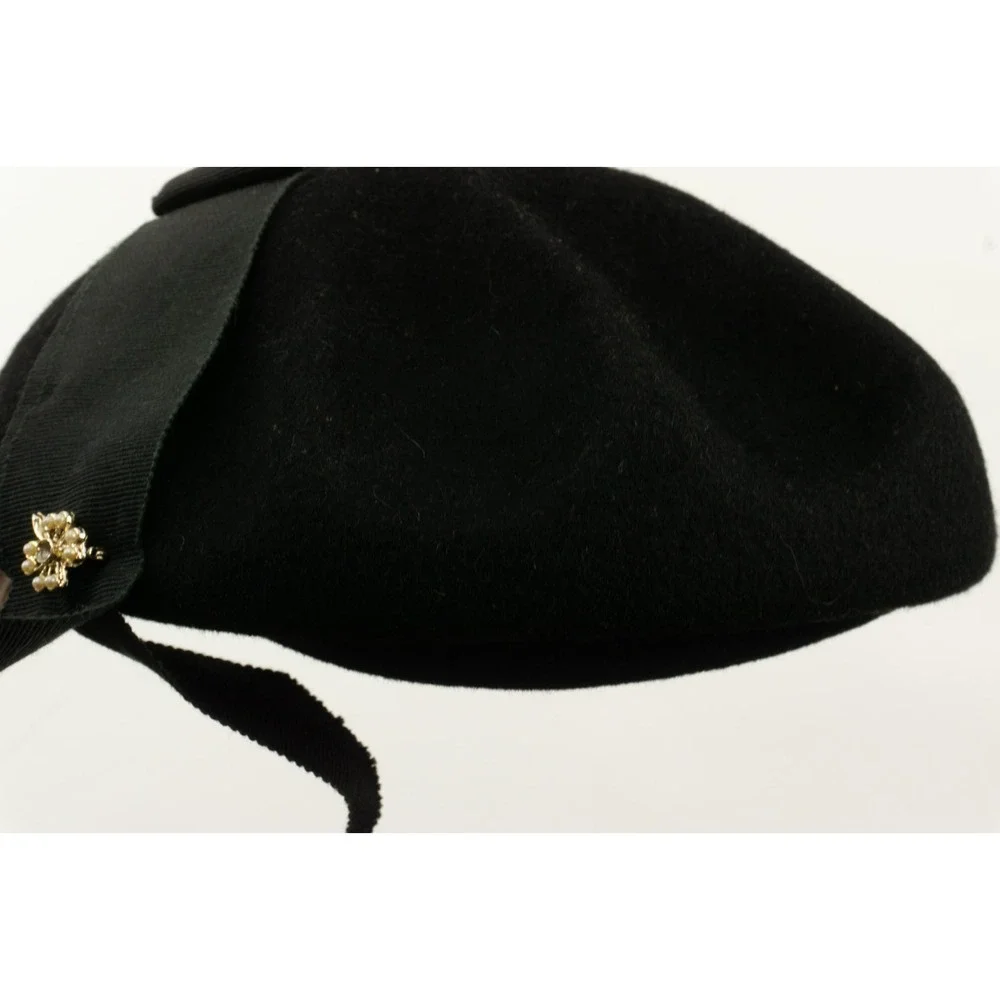 Vintage Glenover Felt Wool Beret Cap Henry Pollak Tat Gem Floral Pin Black